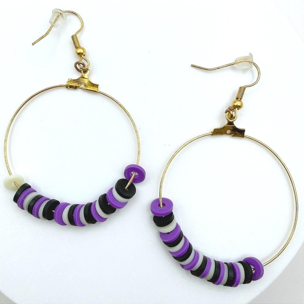 Vintage Handmade Polymer Clay Hoop Earrings Purple Black White Disc Dangle Women